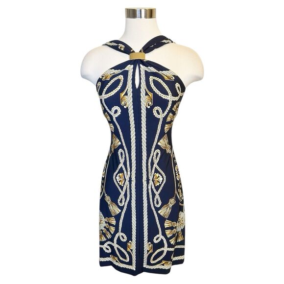 Cache VTG Rope Tassel Print Halter Dress XS Gold Metal Cinch Old Money Blue - Picture 1 of 5